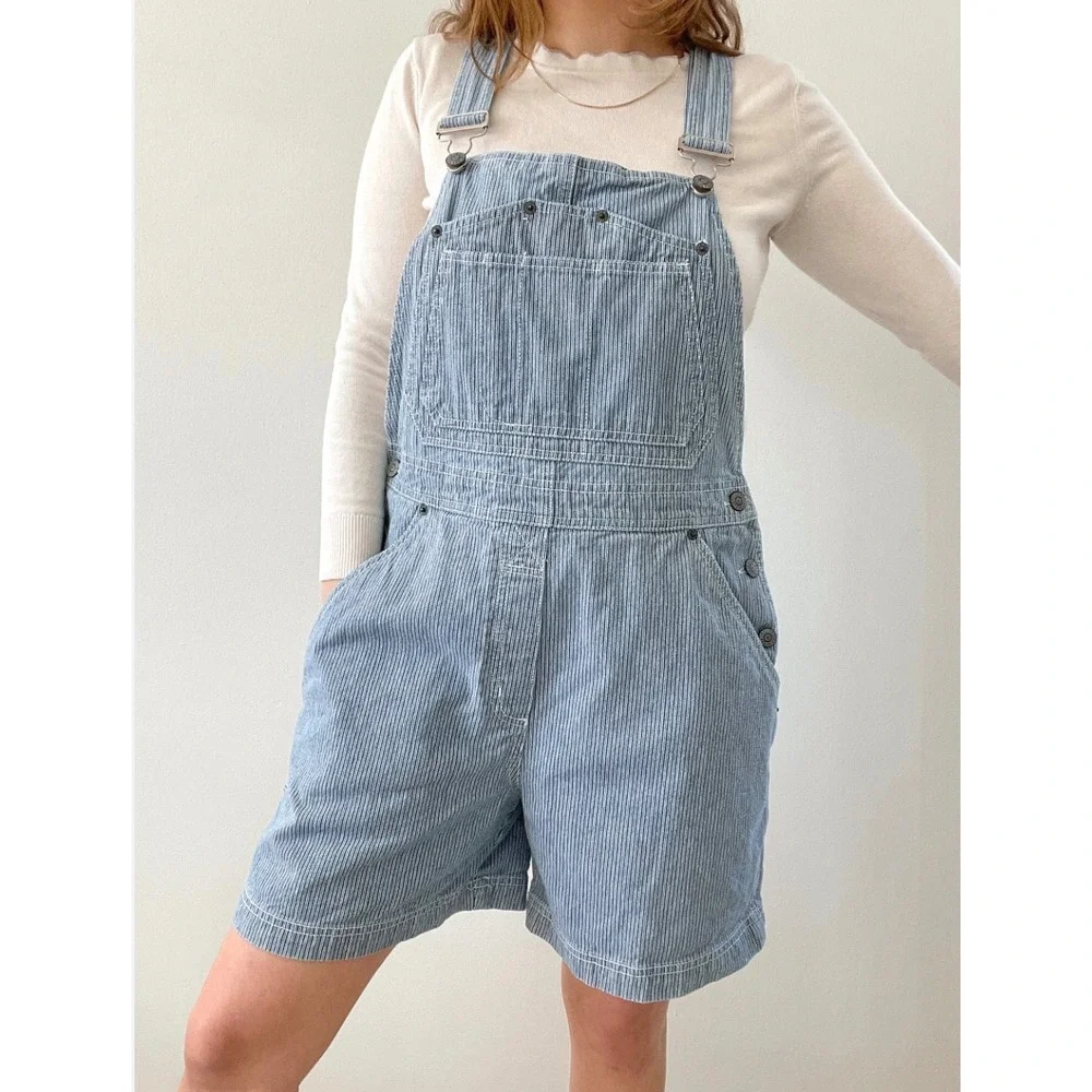 VINTAGE 90s BILL BLASS Shortalls Jeans Overall Shorts Jort Stripe Hammer Loop